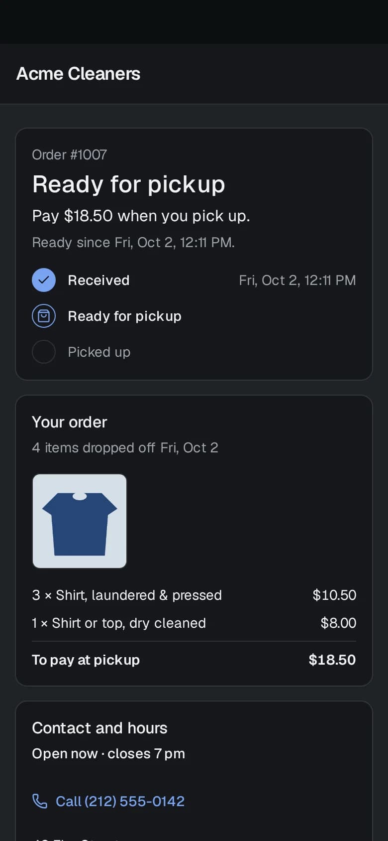 The customer's order page on a phone: ready for pickup, the amount to pay, and the shop's hours.
