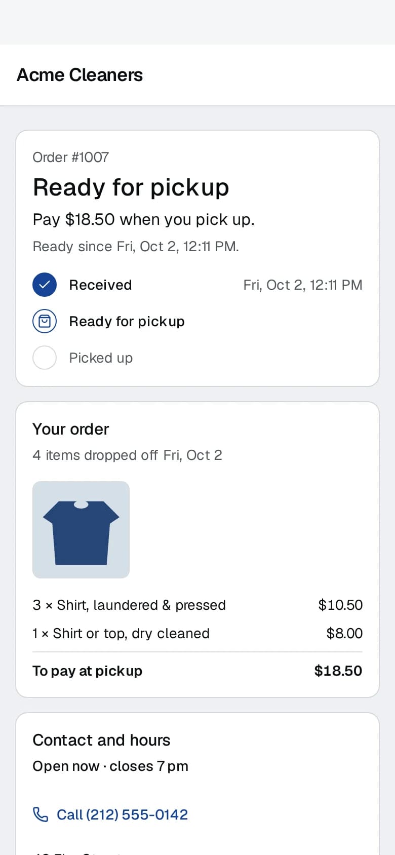 The customer's order page on a phone: ready for pickup, the amount to pay, and the shop's hours.