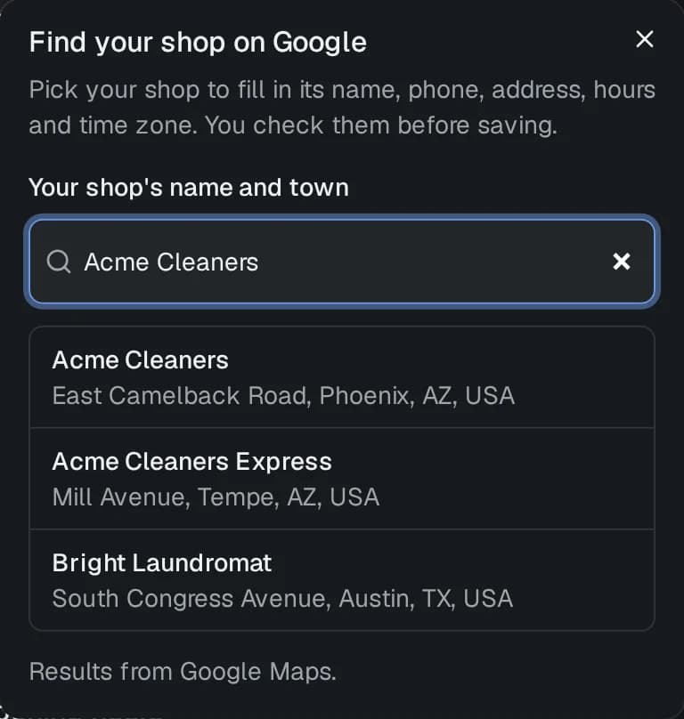 Find your shop on Google: a search for Acme Cleaners with matching listings from Google Maps.