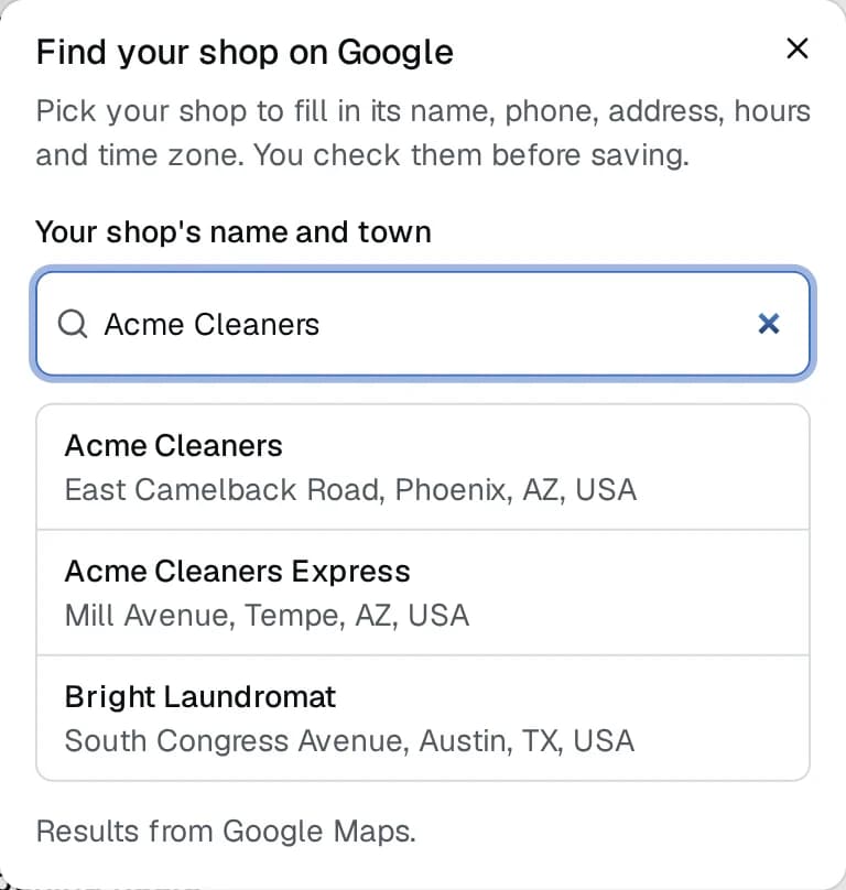 Find your shop on Google: a search for Acme Cleaners with matching listings from Google Maps.