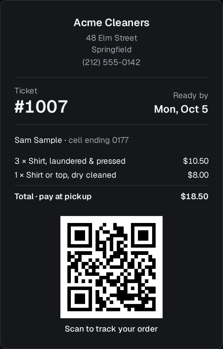 A printed receipt: shop name and address, ticket number, ready-by date, the items and total, and a QR code to track the order.