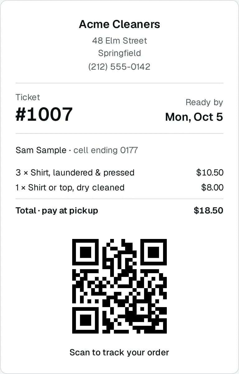 A printed receipt: shop name and address, ticket number, ready-by date, the items and total, and a QR code to track the order.