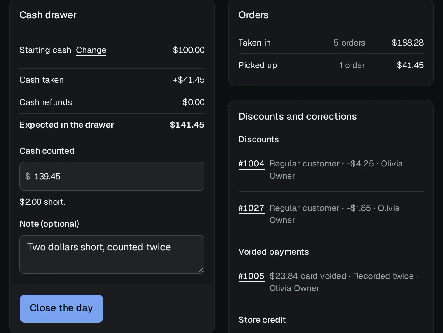 Close the day at Acme Cleaners: the starting cash, cash taken and refunded, the cash expected in the drawer, the cash counted two dollars short with a note, and beside it the day's orders and its discounts and corrections.