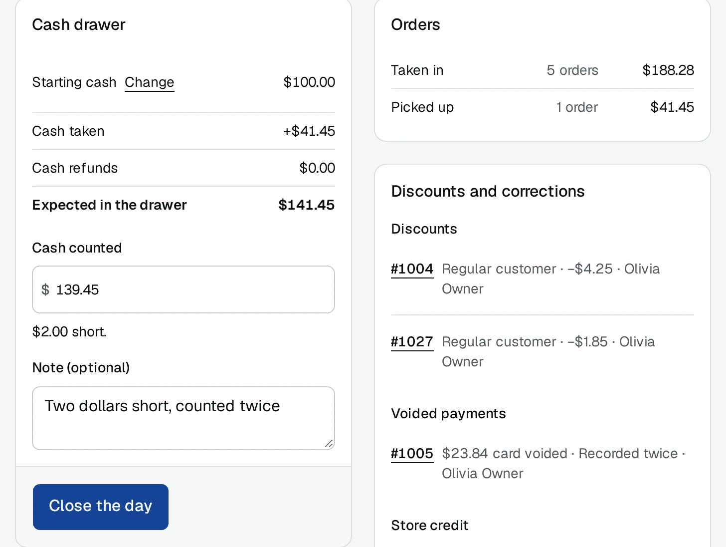 Close the day at Acme Cleaners: the starting cash, cash taken and refunded, the cash expected in the drawer, the cash counted two dollars short with a note, and beside it the day's orders and its discounts and corrections.