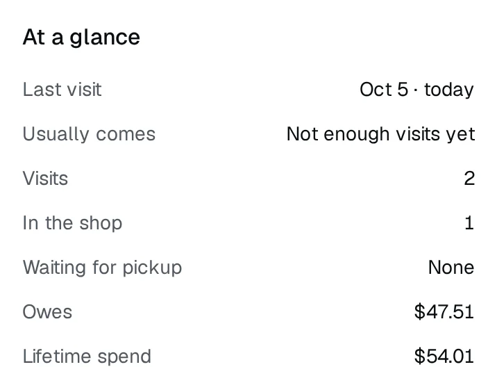 At a glance on a customer's page: last visit, how often they usually come, visits, orders in the shop and waiting for pickup, what they owe and their lifetime spend.