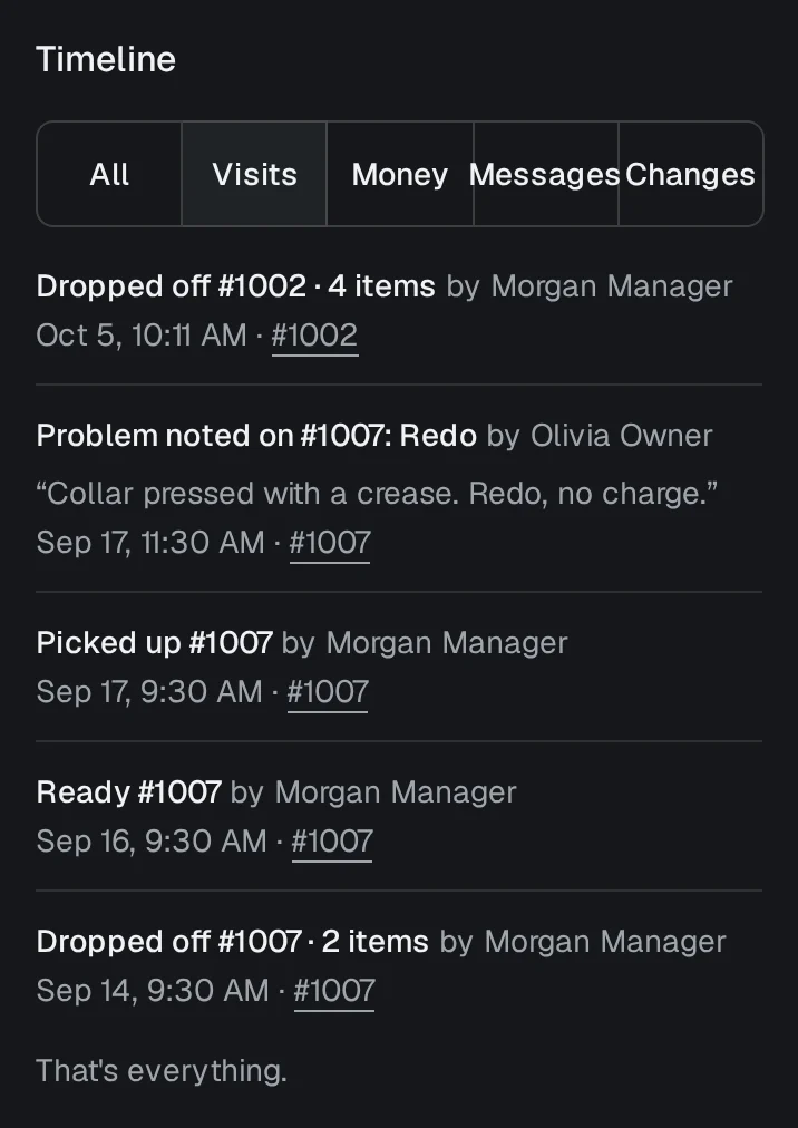 A customer's timeline filtered to visits: orders dropped off, marked ready and picked up, and a problem noted for a redo, each with its date, time and ticket number.