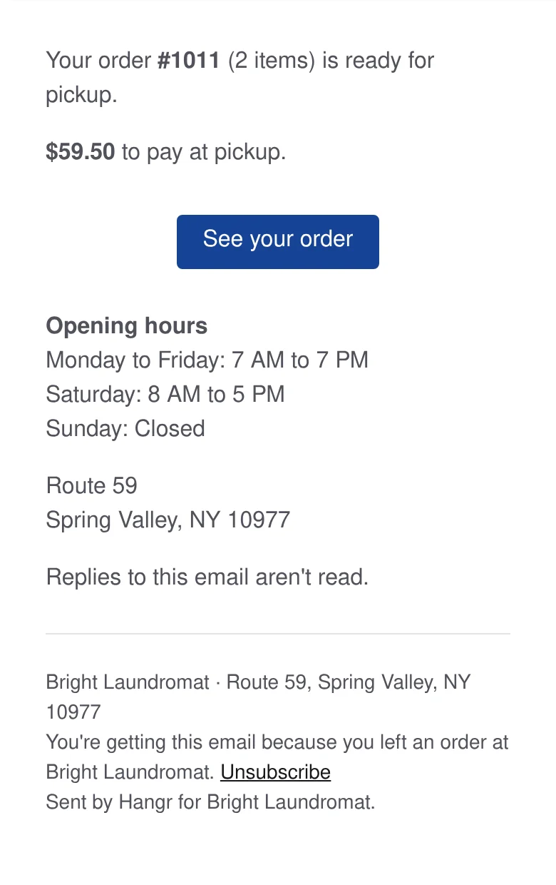 The top of the Ready email from Bright Laundromat: the laundry is ready for pickup, with the amount to pay.