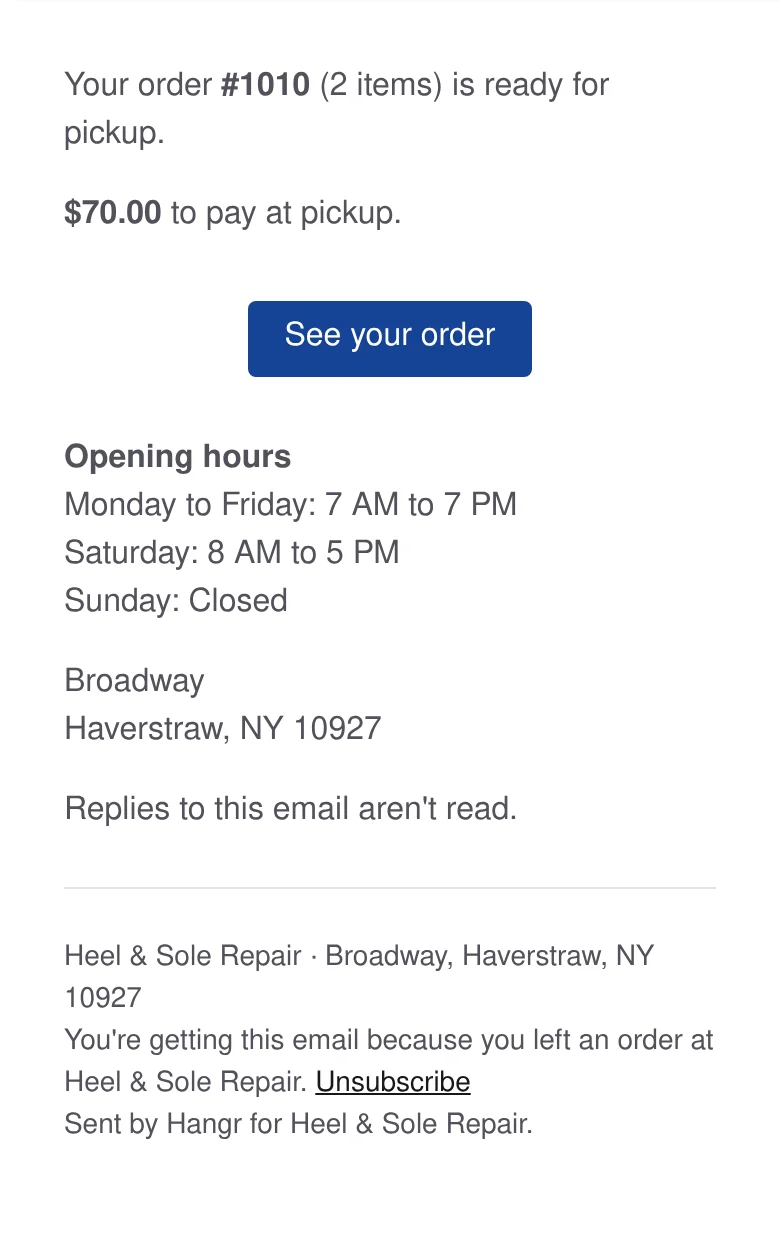 The top of the Ready email from Heel & Sole Repair: the shoes are ready for pickup, with the amount to pay.