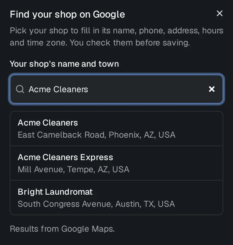 Find your shop on Google: a search for Acme Cleaners with matching listings from Google Maps.