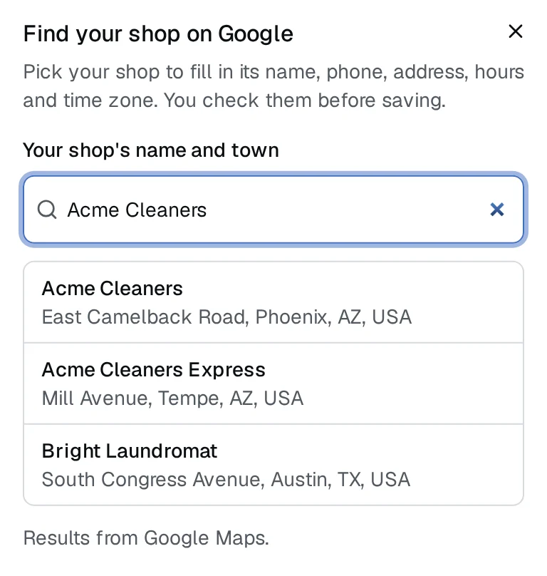 Find your shop on Google: a search for Acme Cleaners with matching listings from Google Maps.