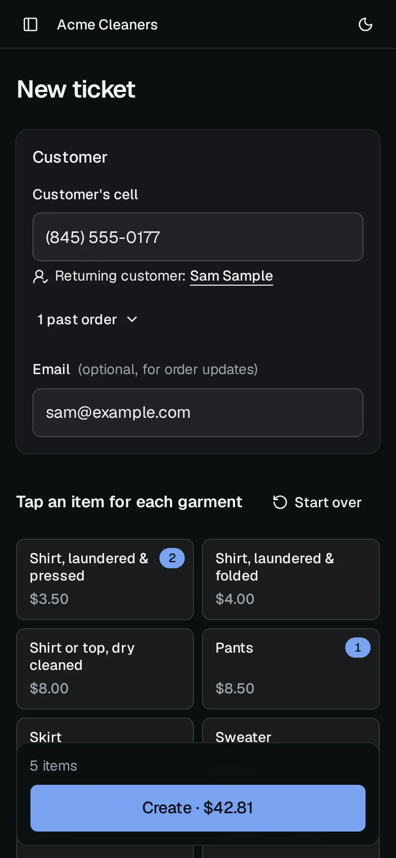 The New order screen: price tiles for each garment, the customer's cell recognised as a returning customer with their email, the order lines with a stain charge, and Create ticket with the total.