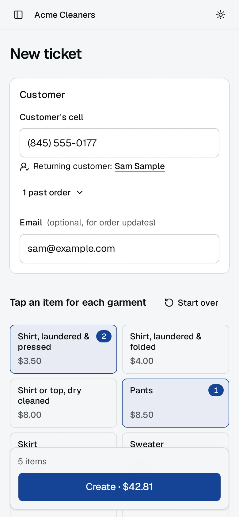 The New order screen: price tiles for each garment, the customer's cell recognised as a returning customer with their email, the order lines with a stain charge, and Create ticket with the total.