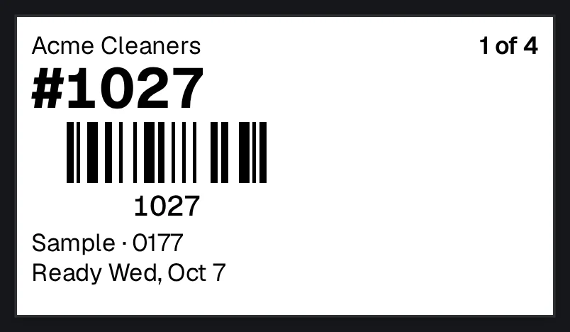 A garment tag's preview at Acme Cleaners: the shop's name, the ticket number in large type and its barcode, the customer's last name with the last four digits of their cell, and the ready date.