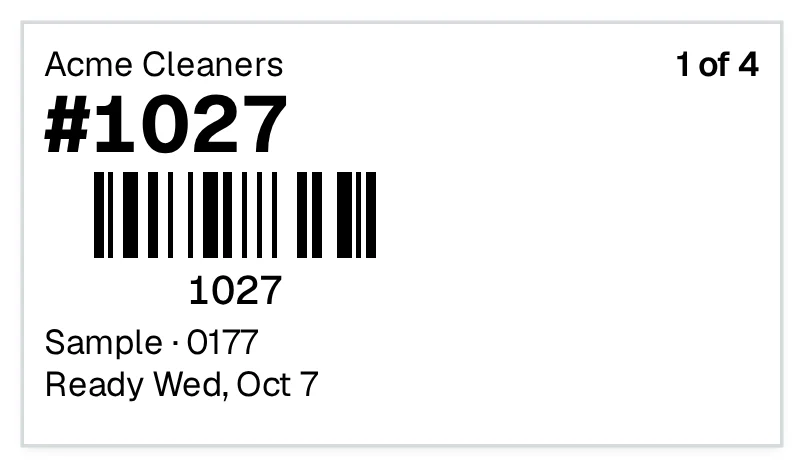 A garment tag's preview at Acme Cleaners: the shop's name, the ticket number in large type and its barcode, the customer's last name with the last four digits of their cell, and the ready date.