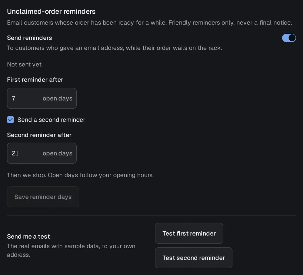 The Unclaimed-order reminders card in Settings: the switch, the first reminder after 7 open days, a second after 21 open days, and Send me a test.