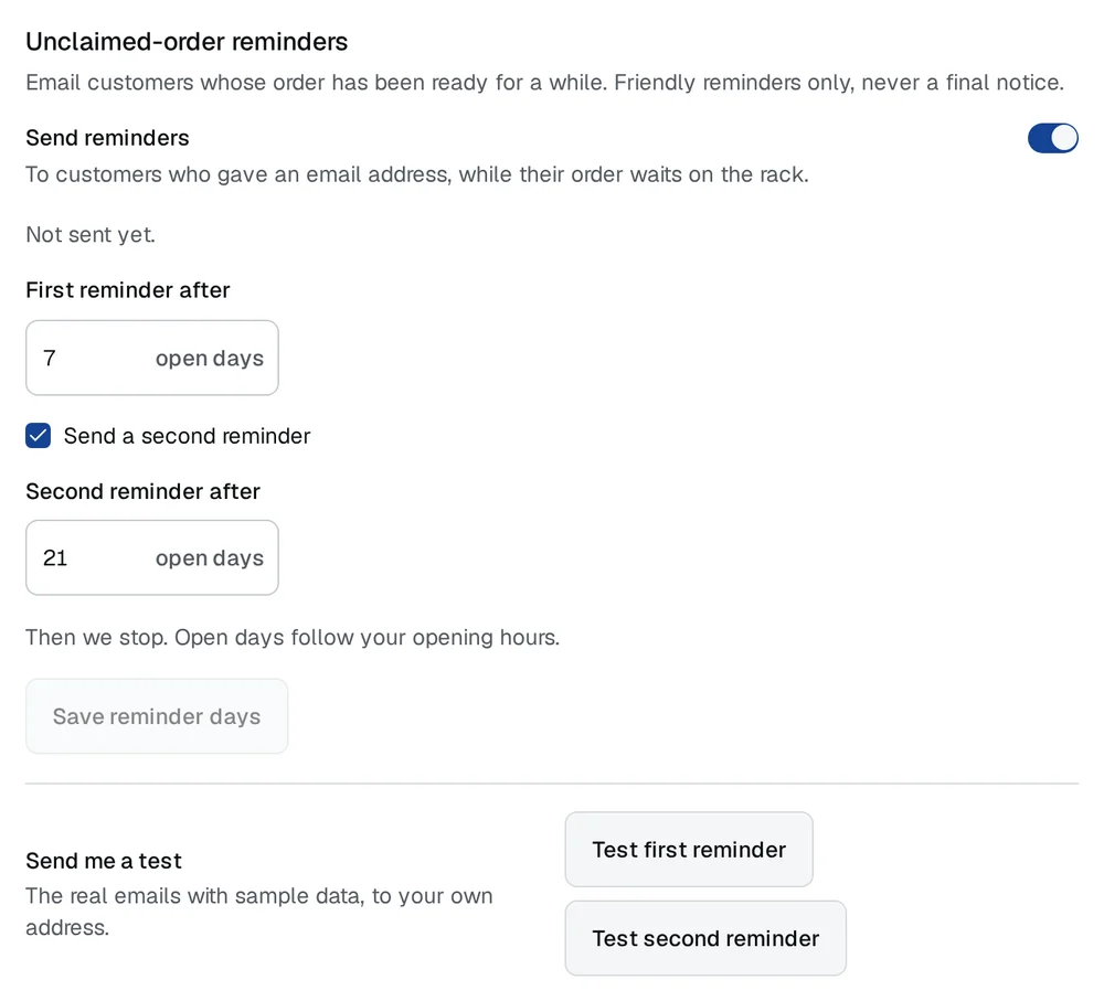 The Unclaimed-order reminders card in Settings: the switch, the first reminder after 7 open days, a second after 21 open days, and Send me a test.