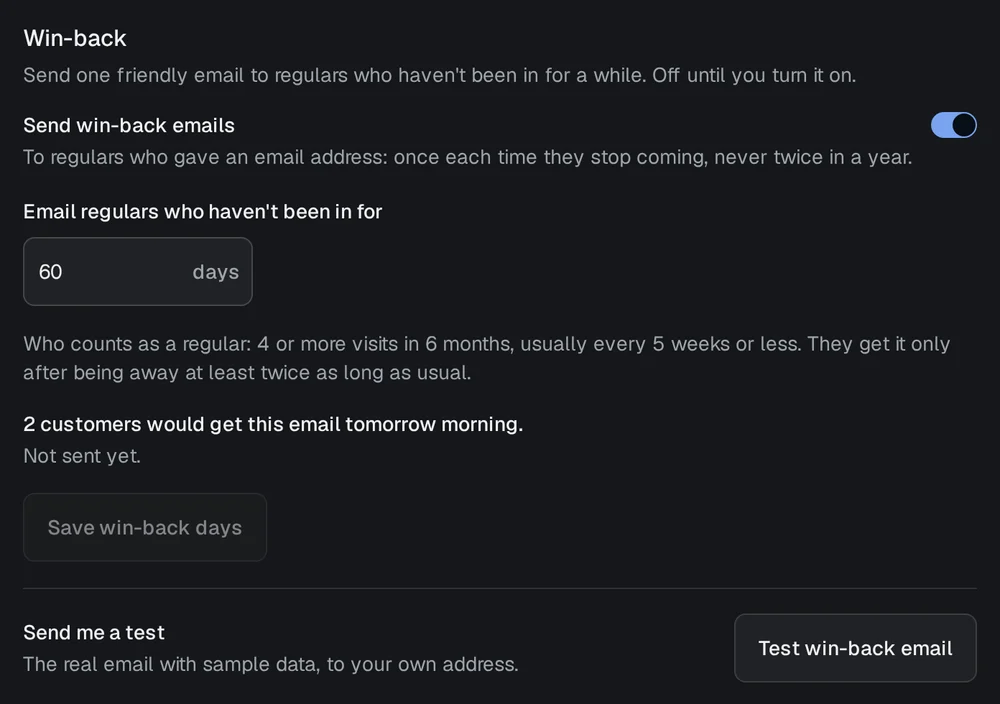 The Win-back card in Settings: the switch and how many days without a visit before the email goes.