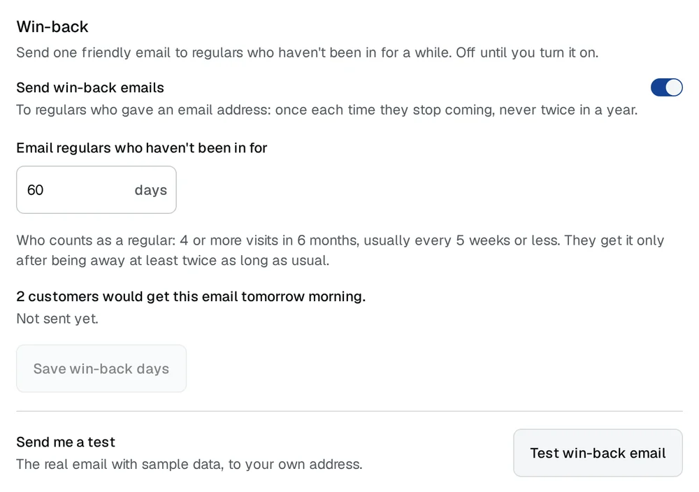The Win-back card in Settings: the switch and how many days without a visit before the email goes.