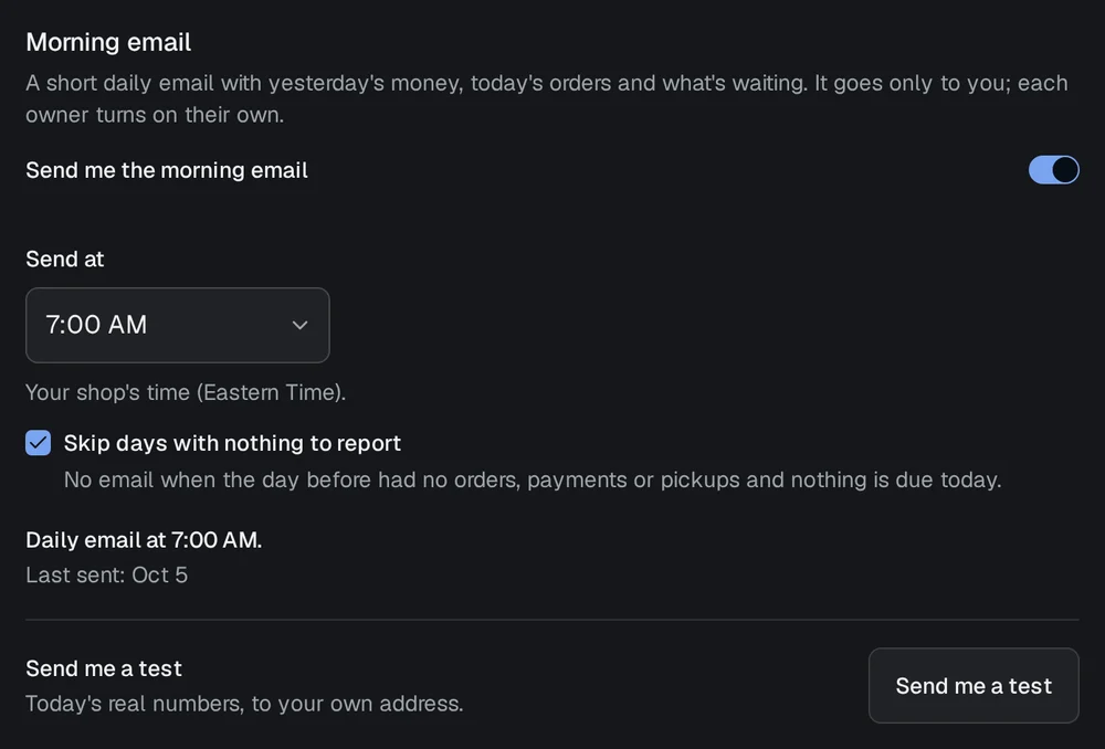 The Morning email card in an owner's settings: the switch to send it and the time it arrives each morning.