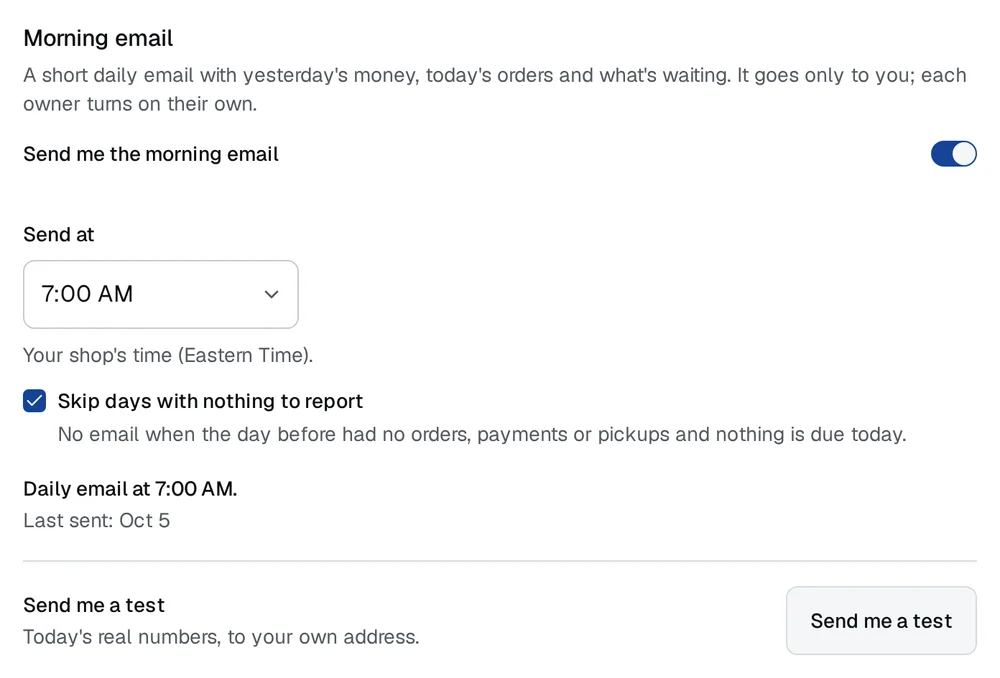 The Morning email card in an owner's settings: the switch to send it and the time it arrives each morning.