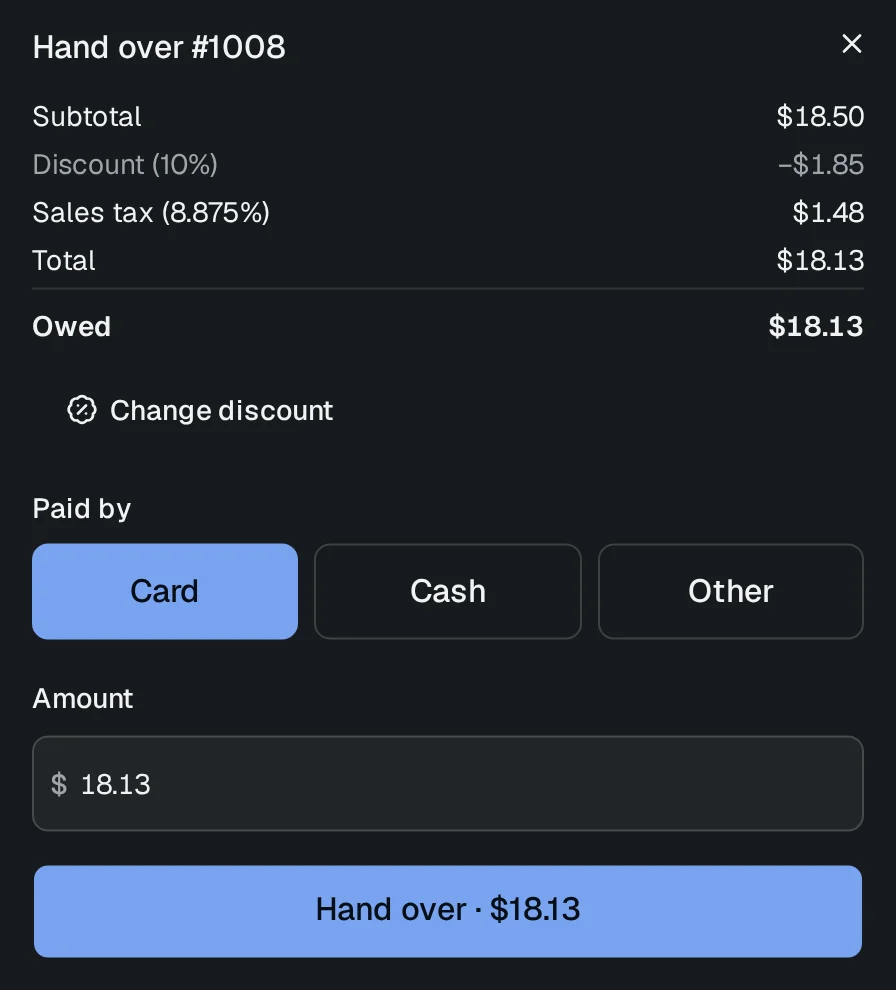 Handing over an order: the subtotal, a regular-customer discount, sales tax and the total, with Cash, Card or Other and a Hand over button.