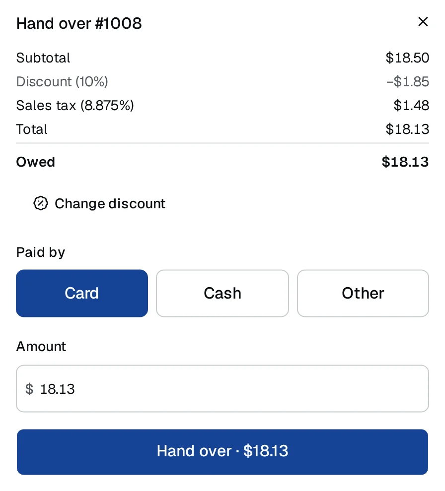 Handing over an order: the subtotal, a regular-customer discount, sales tax and the total, with Cash, Card or Other and a Hand over button.