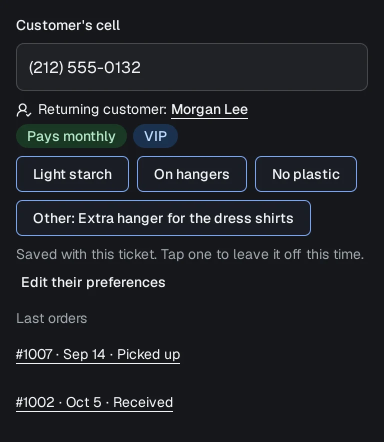 The customer's cell on the New order screen at Acme Cleaners: Morgan Lee recognised, with the tags VIP and Pays monthly and the preferences light starch, on hangers and no plastic.