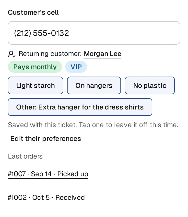 The customer's cell on the New order screen at Acme Cleaners: Morgan Lee recognised, with the tags VIP and Pays monthly and the preferences light starch, on hangers and no plastic.