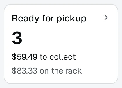 The Ready for pickup tile on Today: how many orders are ready, the money still to collect on them, and what the orders on the rack are worth.