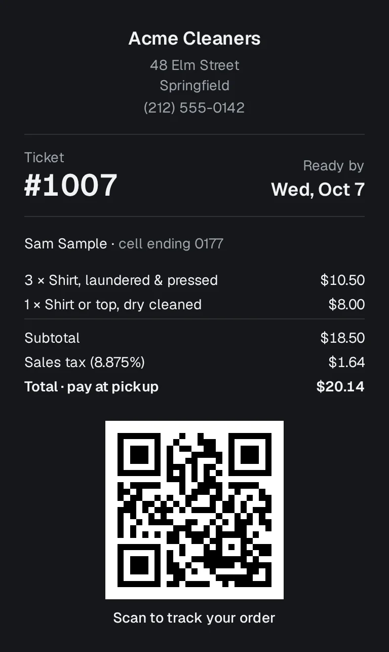 A printed receipt: shop name and address, ticket number, ready-by date, the items and total, and a QR code to track the order.