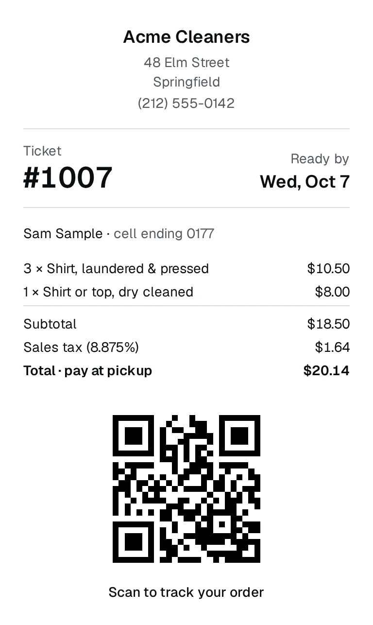 A printed receipt: shop name and address, ticket number, ready-by date, the items and total, and a QR code to track the order.
