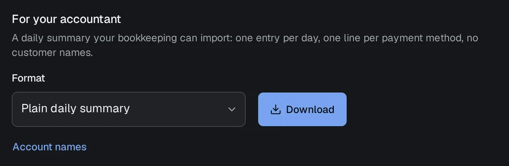 The For your accountant card in Reports: the plain daily summary chosen as the format, and a Download button.