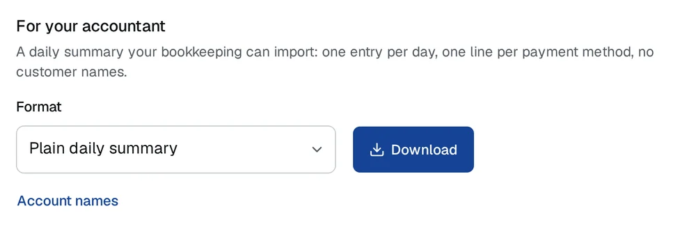 The For your accountant card in Reports: the plain daily summary chosen as the format, and a Download button.