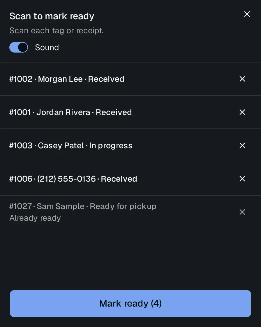 Scan to mark ready: five tags scanned off the line, one order already ready, and Mark ready for the other four.