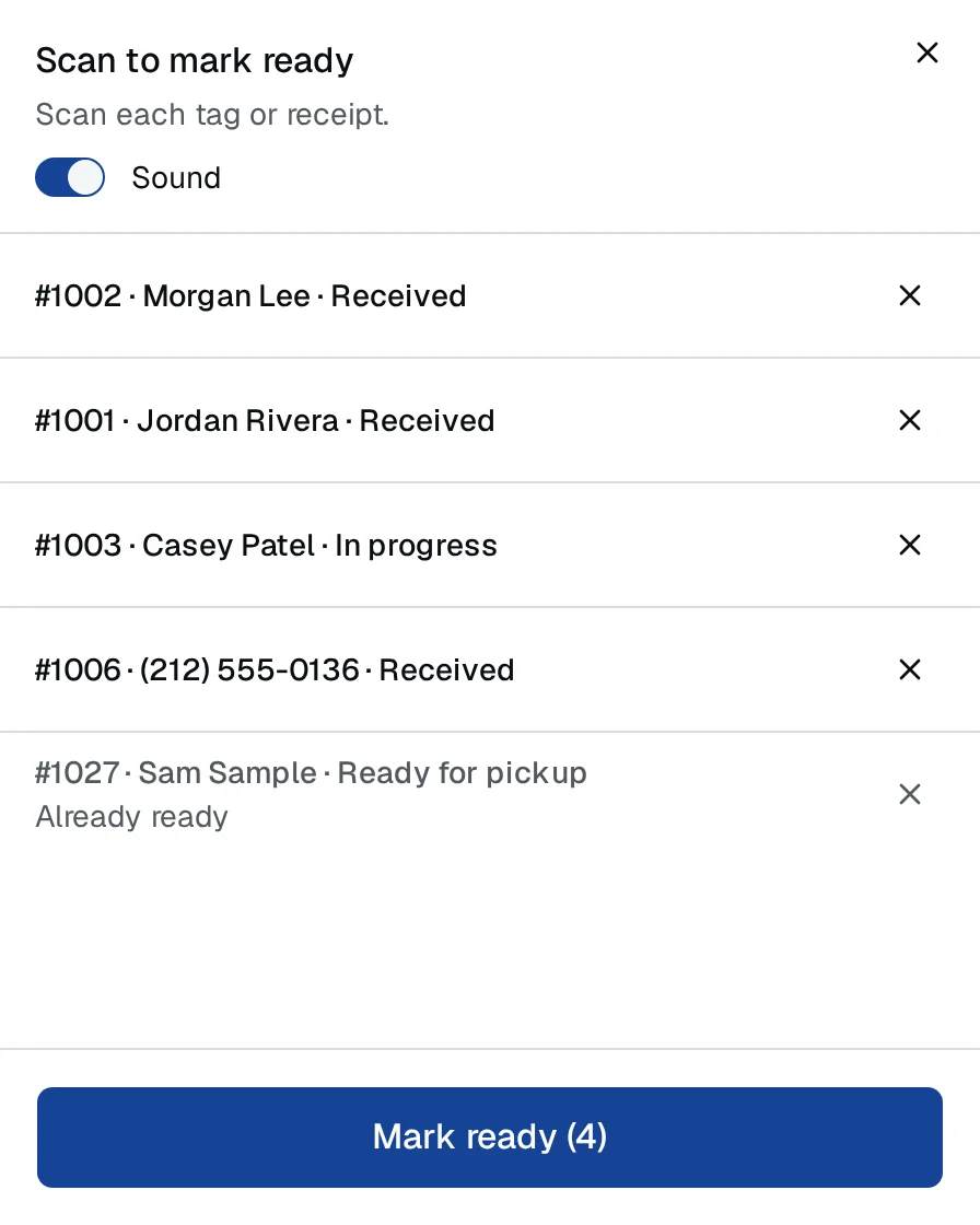 Scan to mark ready: five tags scanned off the line, one order already ready, and Mark ready for the other four.