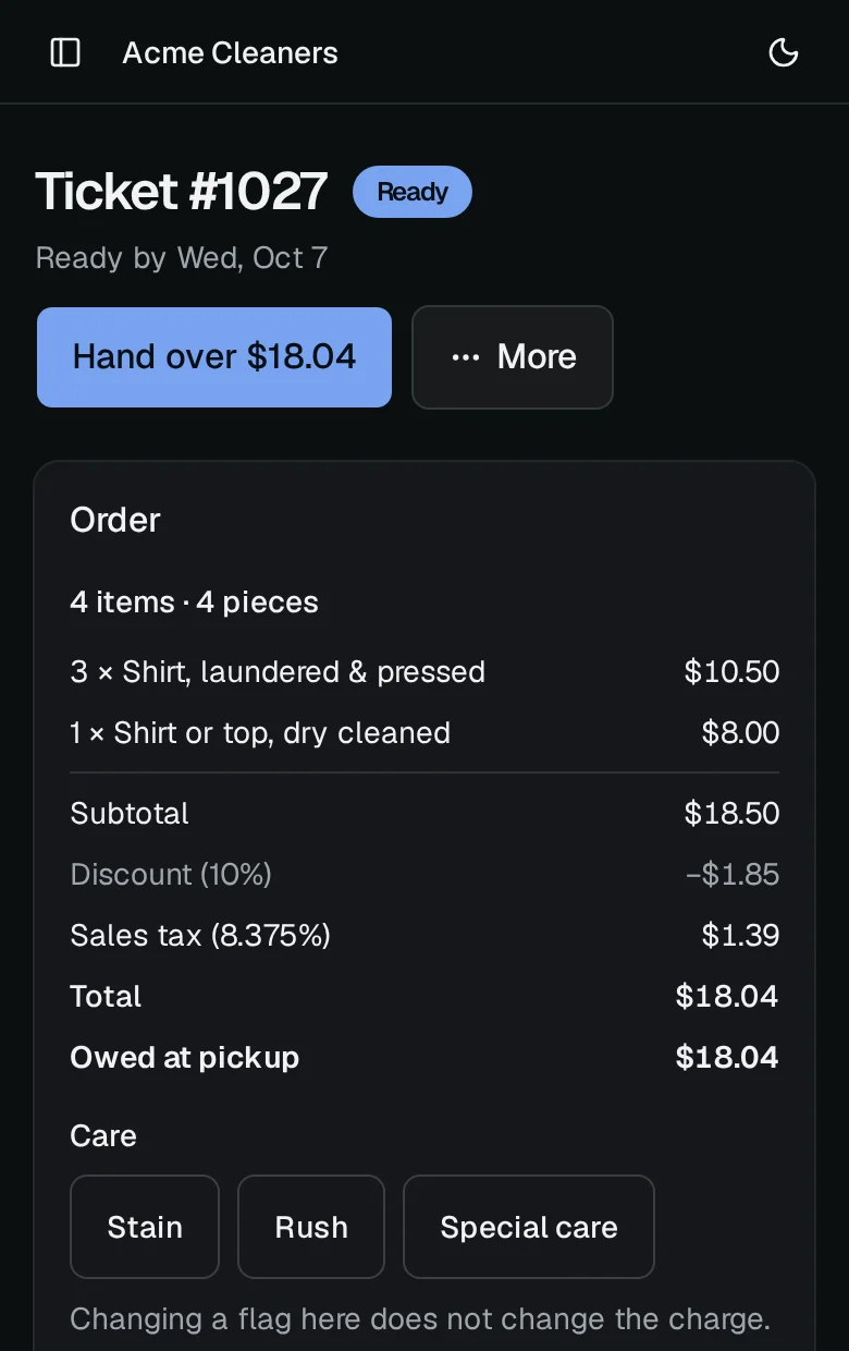 A ticket opened by its scan: the ticket number marked Ready, Hand over with the amount, the items, the discount and sales tax, and what is owed at pickup.