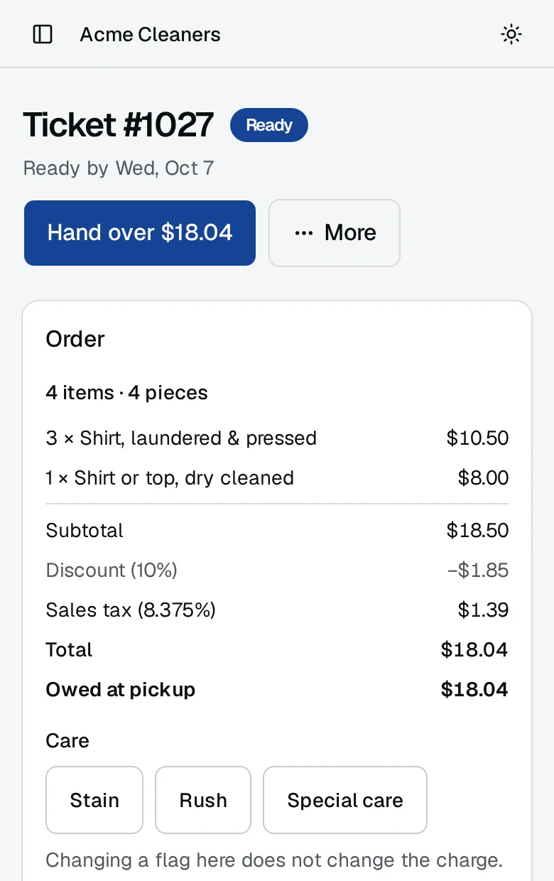 A ticket opened by its scan: the ticket number marked Ready, Hand over with the amount, the items, the discount and sales tax, and what is owed at pickup.