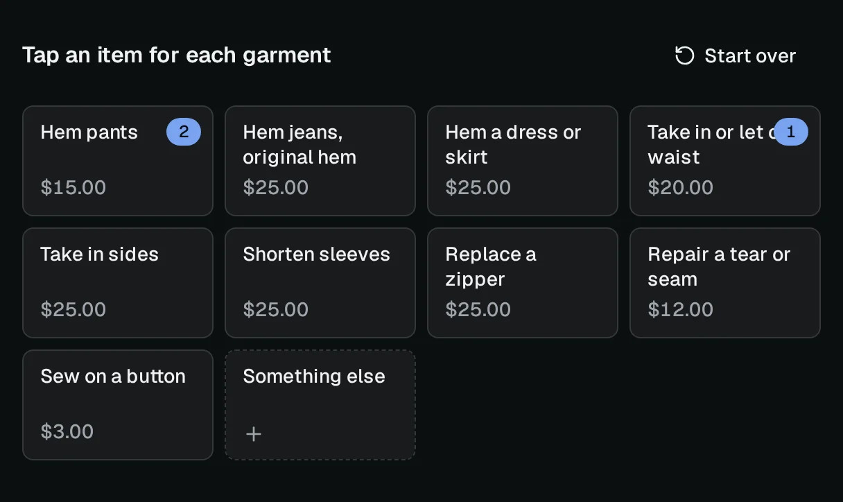 The alteration tiles on the New order screen, each with its price: hem pants, hem jeans, hem a dress or skirt, take in sides, shorten sleeves, replace a zipper.