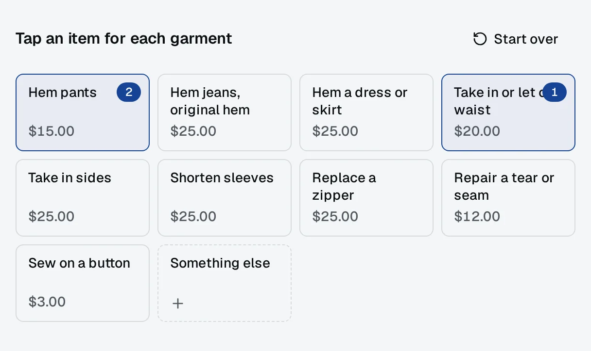 The alteration tiles on the New order screen, each with its price: hem pants, hem jeans, hem a dress or skirt, take in sides, shorten sleeves, replace a zipper.
