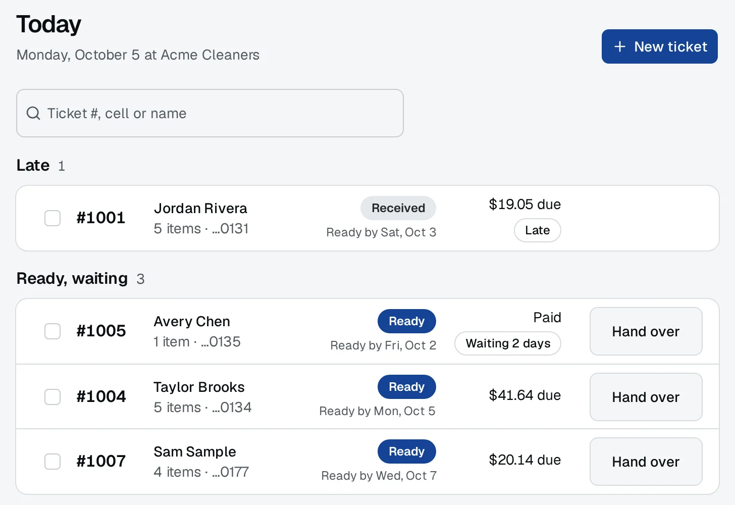 The Today board of the dry cleaning POS: a late order, three ready orders waiting with Hand over buttons, and an order in progress.