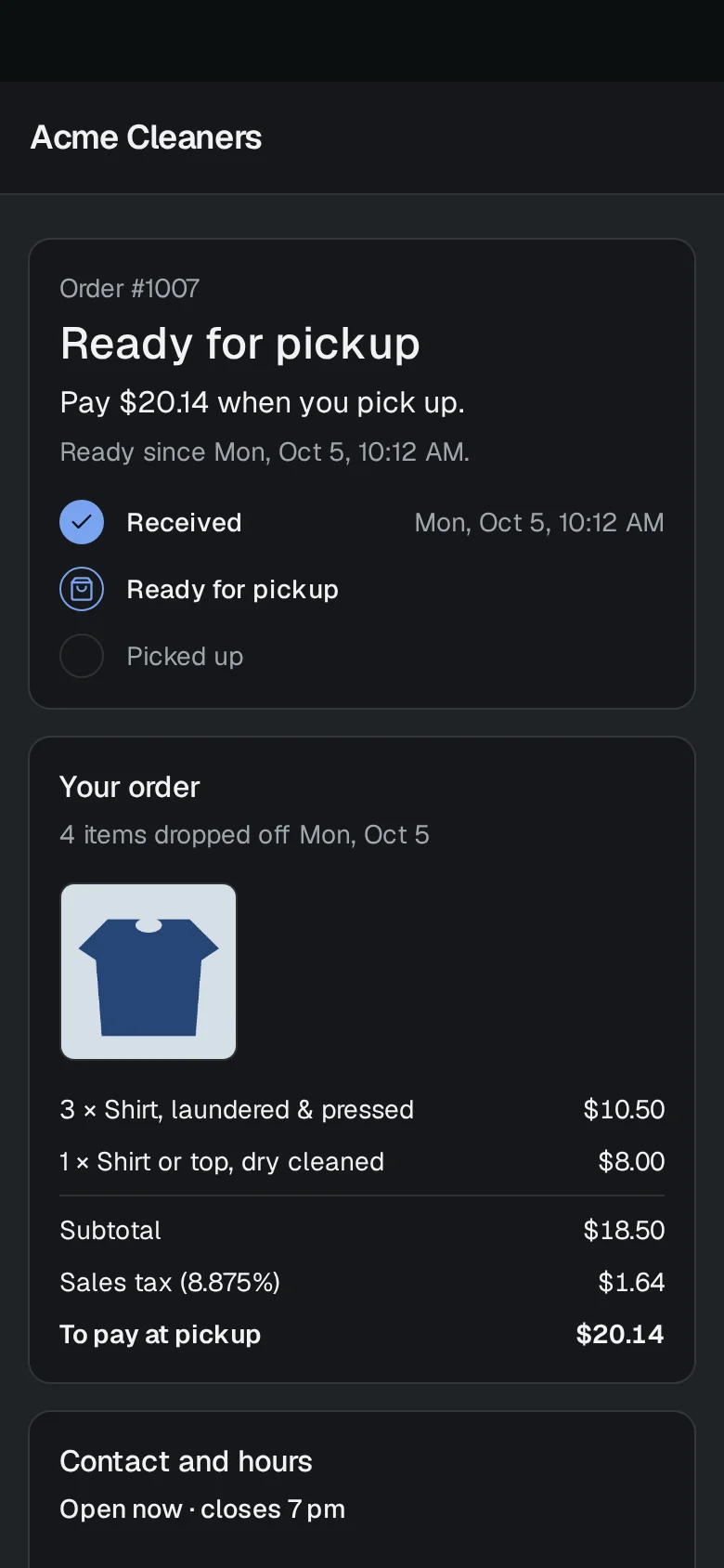 The customer's order page on a phone: ready for pickup, the amount to pay, and the shop's hours.