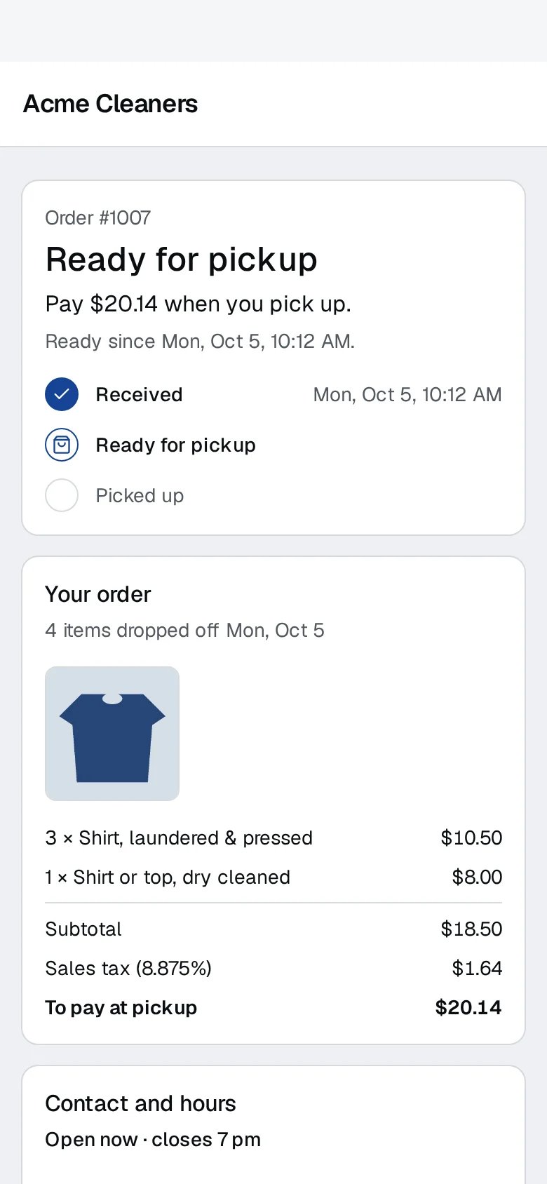 The customer's order page on a phone: ready for pickup, the amount to pay, and the shop's hours.
