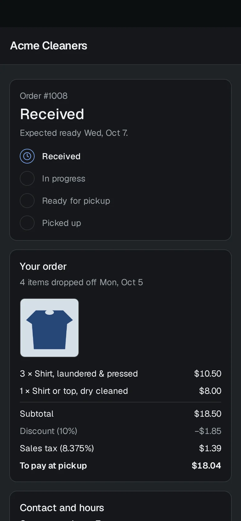 The customer's order page on a phone: Acme Cleaners, the order received with its ready-by date, the amount to pay, the items and the shop's opening hours.