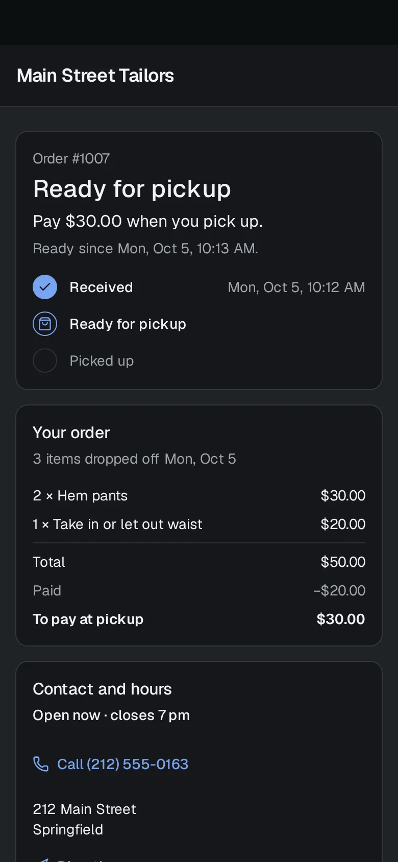 The customer's order page on a phone: the alterations are ready for pickup, with the balance left after the deposit and the shop's hours.