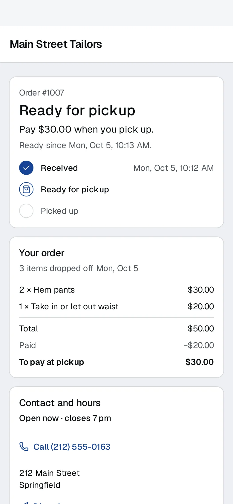 The customer's order page on a phone: the alterations are ready for pickup, with the balance left after the deposit and the shop's hours.